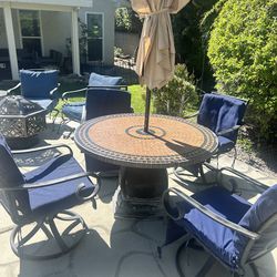 10 pc Outdoor Patio Set with Fire Pit, Large Umbrella
