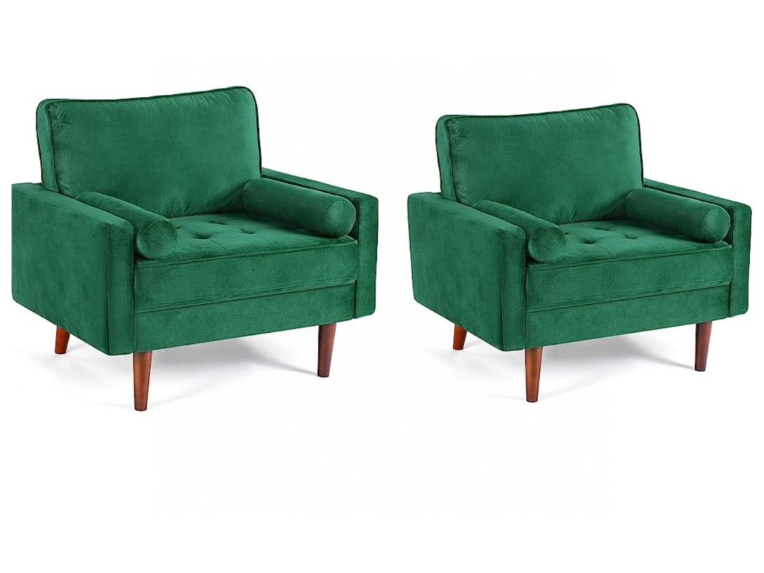 Set of 2 Velvet Accent Chair, Mid Century Modern Living Room Chairs, Button Tufted Arm Chairs with 2 Pillows, Comfy Sofa Chairs