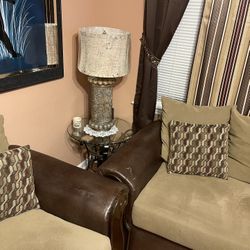 Living Room Sofa Set, (2) Lamps, Brown Rug, Pillows And Curtains 