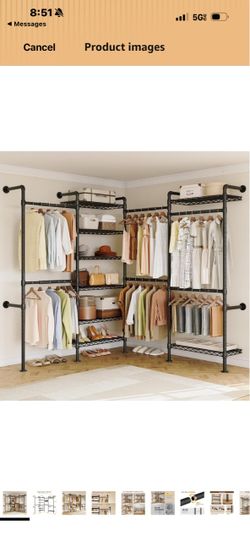 L4 Wall Mounted Heavy Duty Corner Industrial Pipe Clothing Rack Closet Organizer and Storage System with 6 Hanging Clothes Rods ( 4 Expandable) & 8 Sh