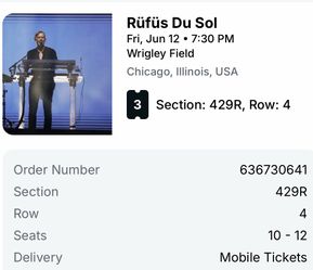 Rufus Du Sol Tickets (3) Wrigley Field 6/12
