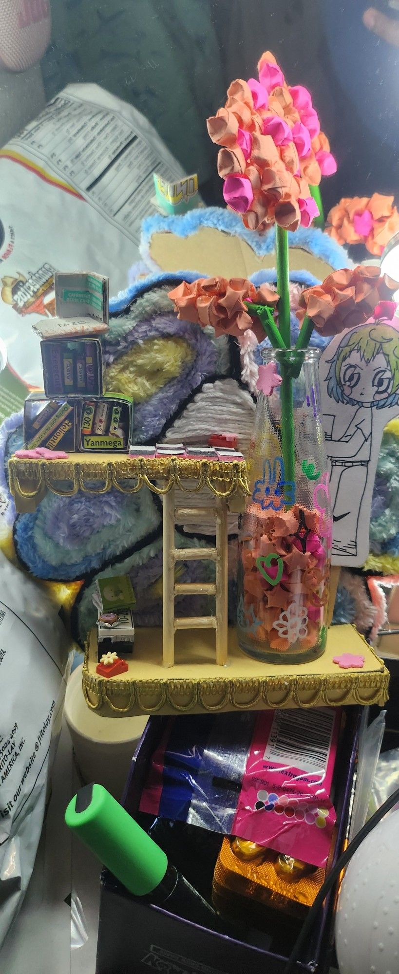 Blind Box Shelf, Paper Flower Vase, Paper Stars Book Room Scene With Attached Ladder. Smiski House