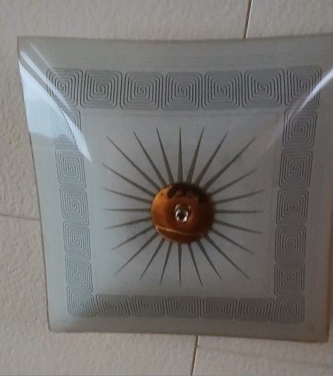 Vintage Original Glass And Copper Light Cover W/ Sunburst Design