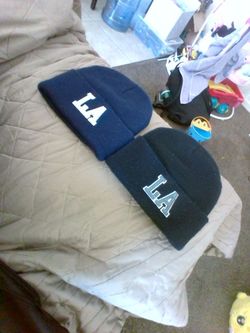 Los Angeles Beanies Navy Blue & Black and Navy Blue Beanie all white LA logo, Black LA beanie Grey & White Logo