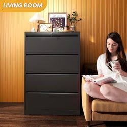 4 Drawer Dresser for Bedroom,35.43" W x 52.36" H Black Modern Metal Chest of Drawers Lockable Closet Storage Cabinet Organizer for Bedroom, Living Roo