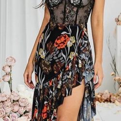 Black floral High Slit Dress 