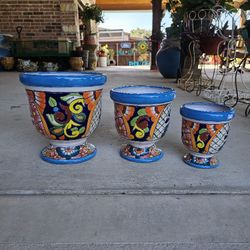 Turquoise Rim Talavera Urns Set Clay Pots, Planters,Plants, Pottery