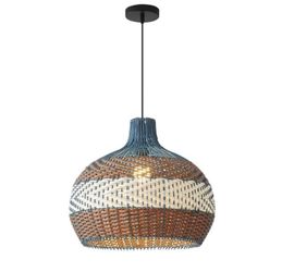 0879-USMJQVZ Blue Coastal Woven Pendant Light Fixture 1-Light Adjustable 15.8/19.7 "Pendant Lighting Handwoven Rattan Basket Shade Boho Pendant Leigh 