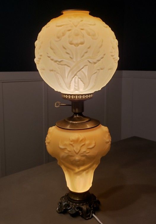 Rare Fenton GWTW Honey Amber Satin Regal Iris Globe Hurricane Lamp