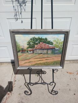 Vintage framed farm barn water tower oil on canvas painting signed J Buck