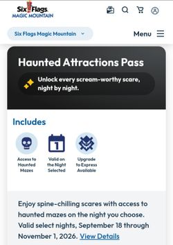 2 Single-night Haunted Attractions Passes Six Flags Magic Mountain