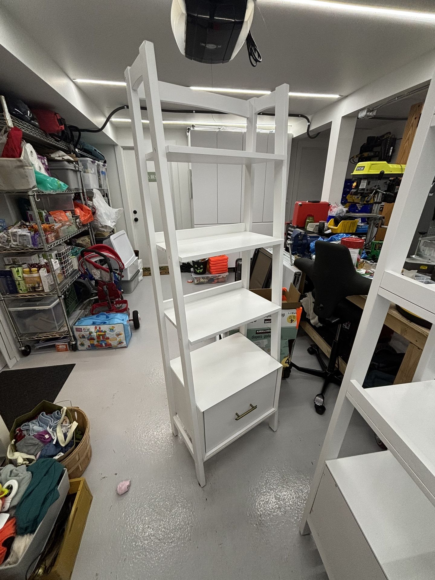 2 White Etagere Bookshelves With Drawer