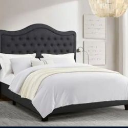 Dark Gray Wood Frame King Modern Upholstered Platform Bed with Curved Tufted Headboard