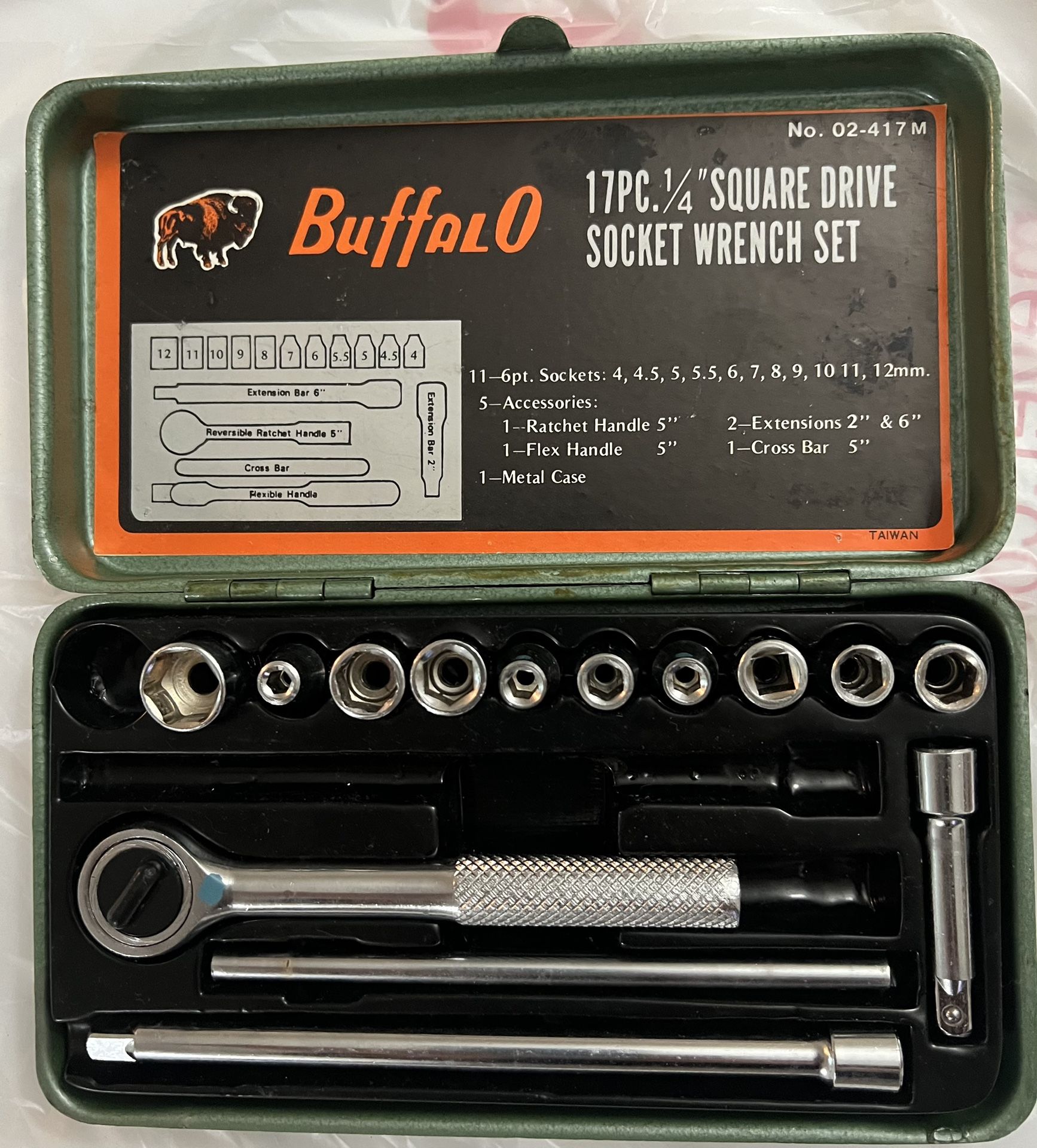 Buffalo 1/4” Square Drive Socket Wrench Set No. 02-417 With Metal Case .