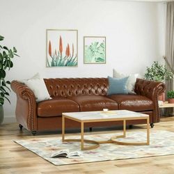 Brown Faux Leather Tufted Sofa with Scroll Arms I#1403

