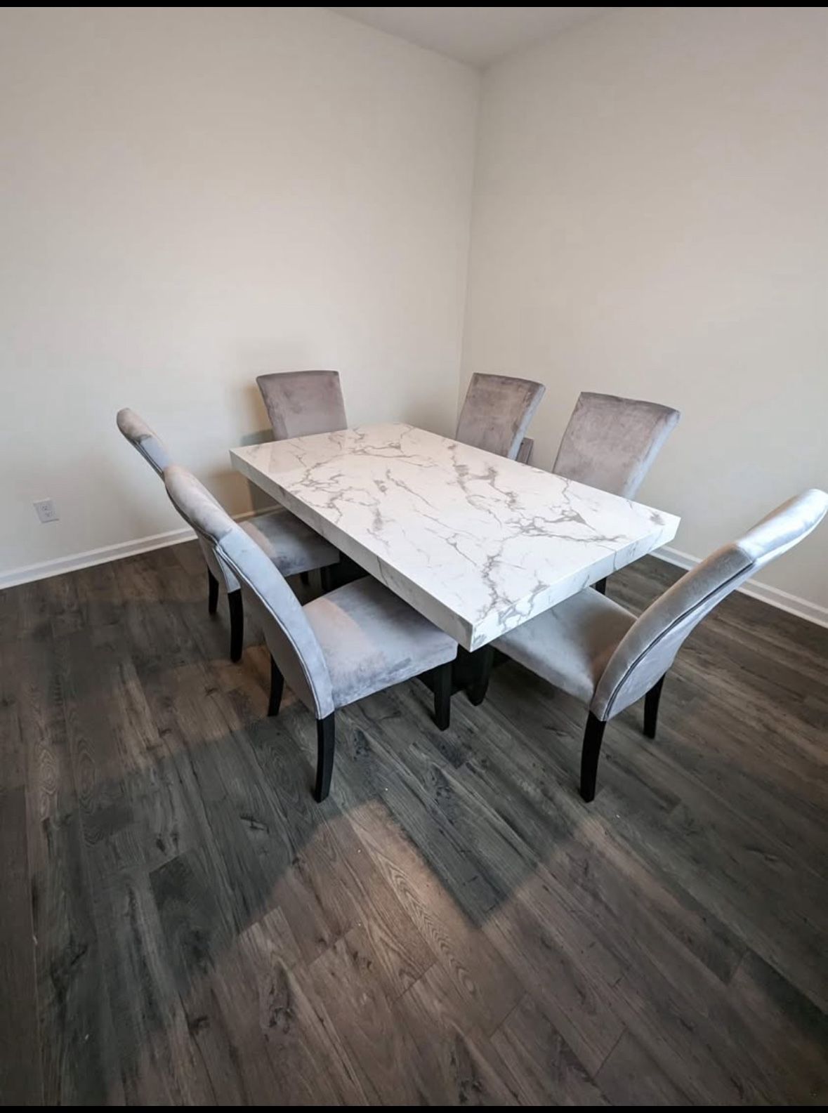 7PC MARBLE DINING TABLE SET W/ VELVET UPHOLSTERED CHAIRS β $1200