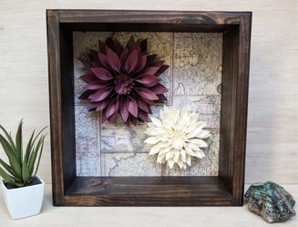 12" kona brown shadowbox frame with dahlia flowers / world map backdrop