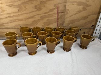 vintage harvest gold/brown drip stoneware pedestal Irish coffee mugs.  distinctive two-tone glaze: a lighter gold/amber color on the inside and top ri