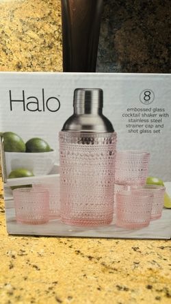 Halo Embossed Glass Cocktail Shaker and Glass Set NIB (Blush/Pink Color)