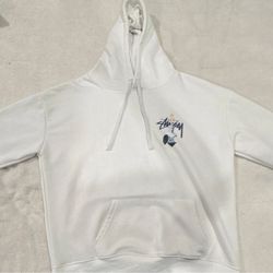 White Stussy Hoodie With Front And Back Graphics