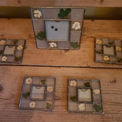 Set Of Leaded Glass Pressed Flower Frames 