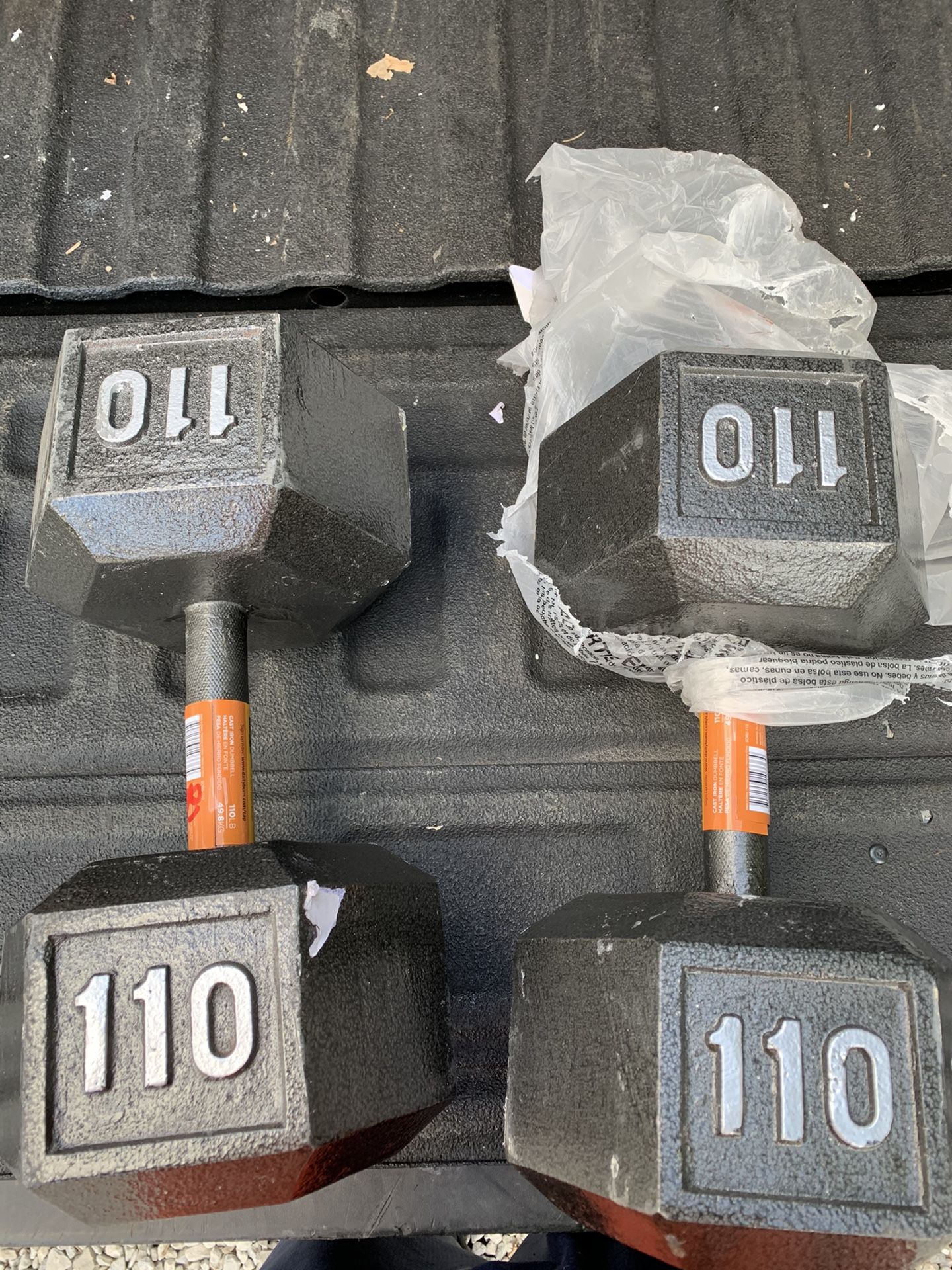 Pair of 110 pound Hex Dumbbell Weights