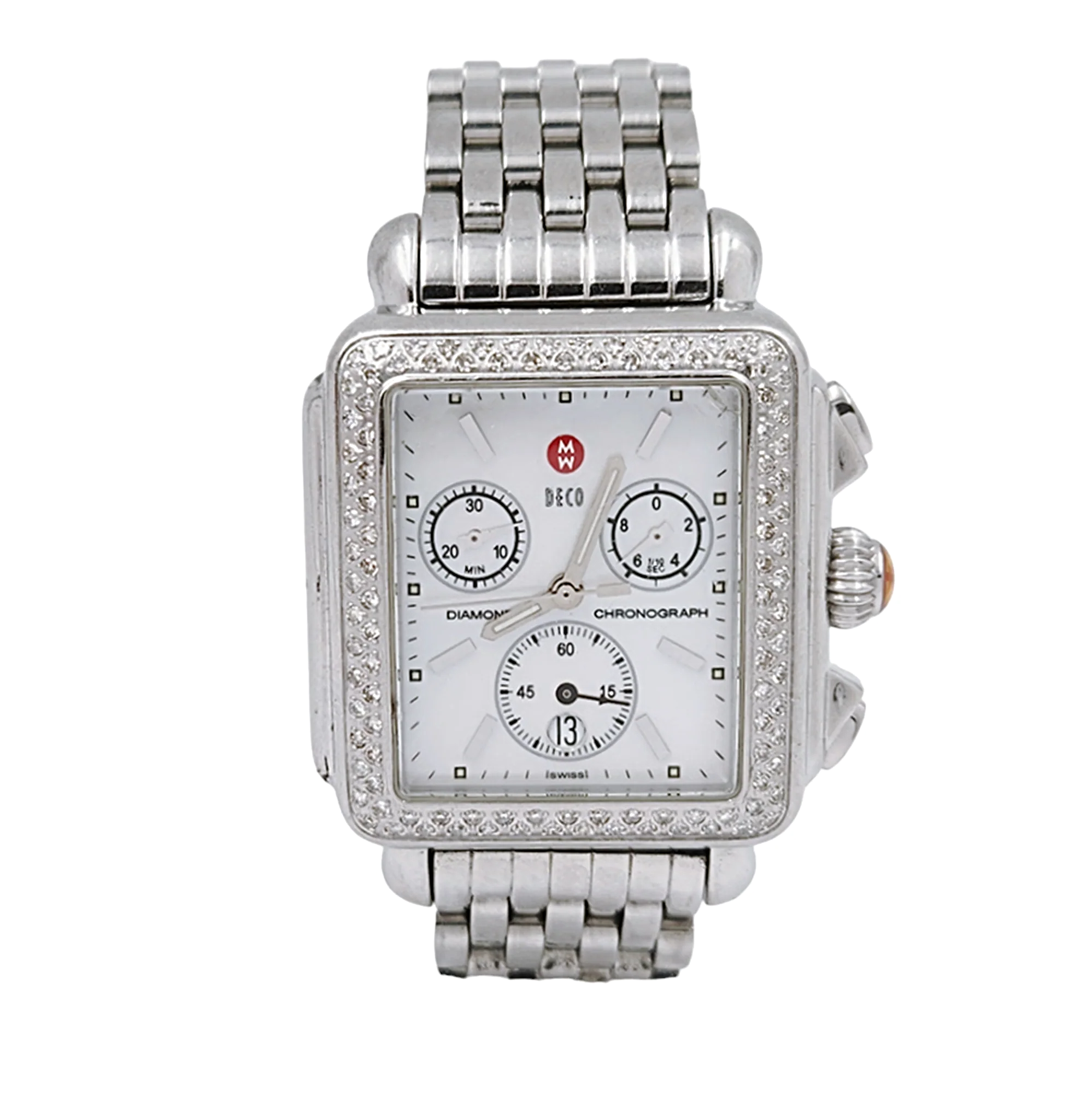 Ladies Michele Deco 33mm Stainless Steel Watch with Mother of Pearl Chronograph Dial and Diamond Bezel. (Pre Owned MW06A01),All Products : American Fashion Style Bags On Sale