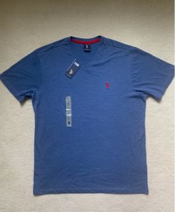US Polo Assn V Neck Short Sleeve T Shirt Tee Dark Blue Cotton Polyester Blend Size Sz Men’s L New NWT