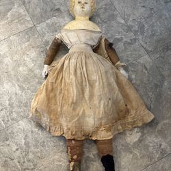 ANTIQUE DOLL EARLY GREINER c. 1800'S LARGE PAPIER MACHE COVERED WAGON  DOLL ~32”