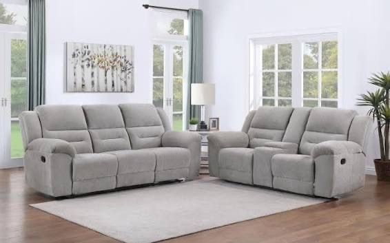 New Reclining Couch / Love Seat. Grey Chenille Fabric. Free Delivery!