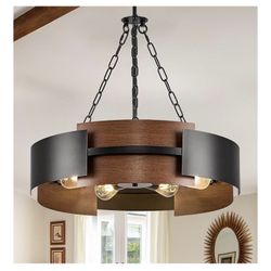 CATINER 24" 6-Light Industrial Drum Chandelier with Red Walnut Grain
