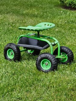 Green Rolling Garden Cart with tool tray and rotating seat