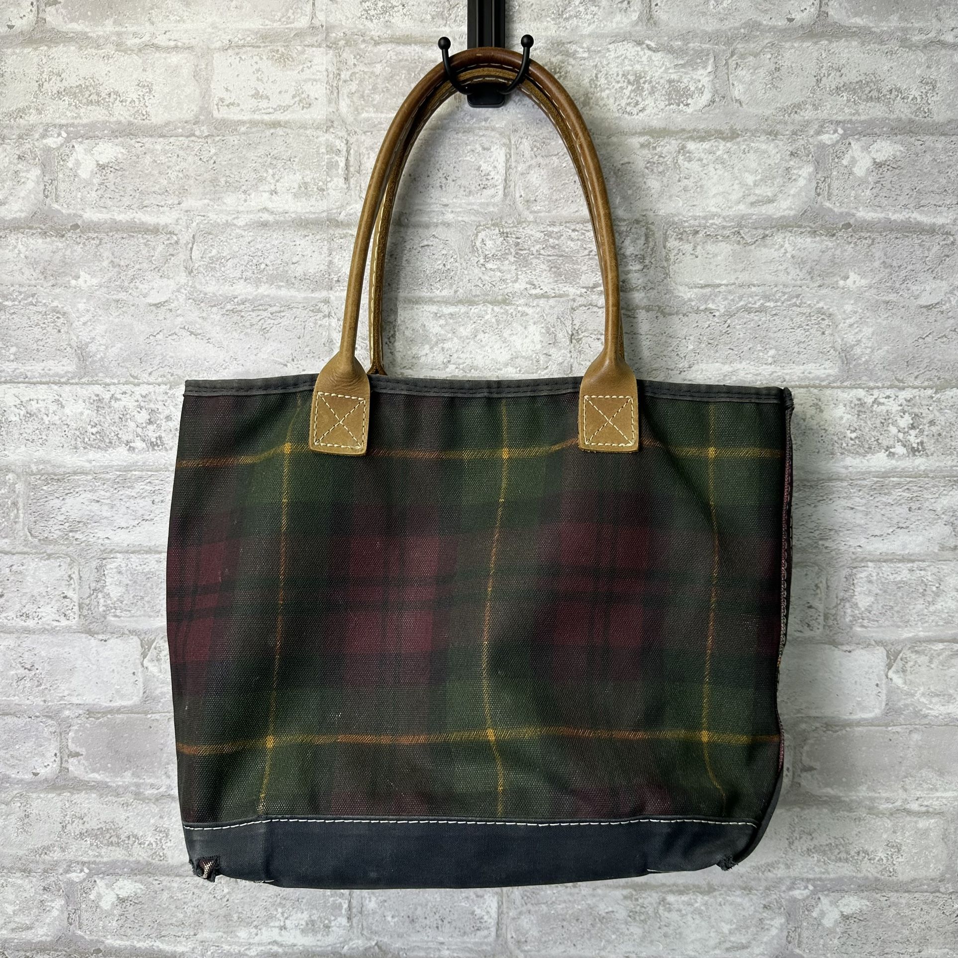 LL Bean Boat And Tote Multi Plaid Canvas Leather Handle Open Top # 3882