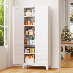 Kitchen Pantry Cabinet, 74.8" H Tall Storage Cabinet with Doors, White Freestanding Kitchen Cabinet for Kitchen, Dining Room & Pantry Organization, Ad