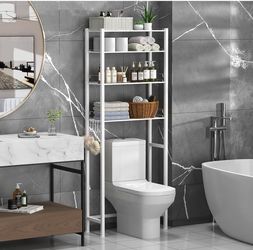 (2715)4 Tier Over The Toilet Storage Rack, Bathroom Organizer Shelves Cabinet Above Toilet, with Adjustable Height Freestanding Shelf Space Saver, Whi