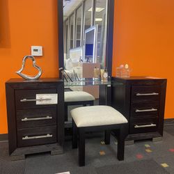 Black Vanity With 6 Drawers Tall Mirror & Stool