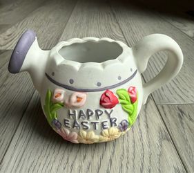 Vintage Ceramic “Happy Easter” Watering Can Decor