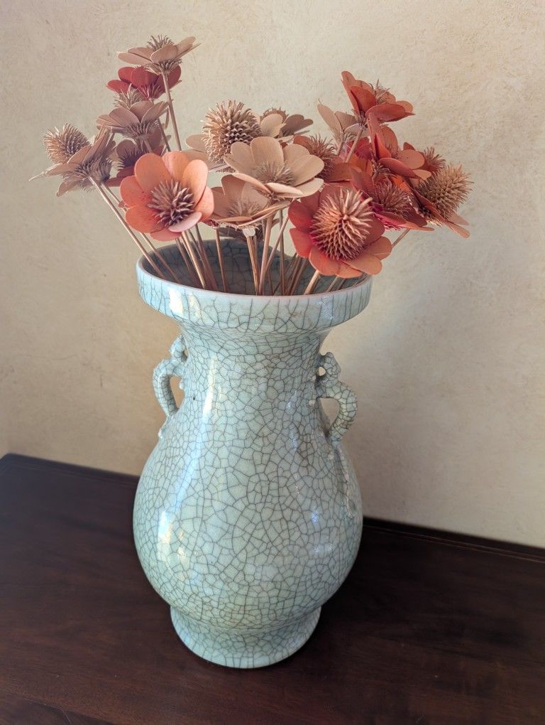 Vase With Flowers 17" X 7" Slight Damage In Back