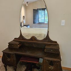 Antique Wood Vanity With Mirror And Stool