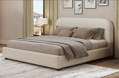 Brand New Beige Chenille Queen Platform Bed Frame (Available in Eastern King)