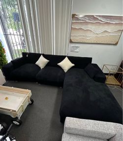 New 113” Black Corduroy Fabric Sectional Sofa L-Shape Sofa