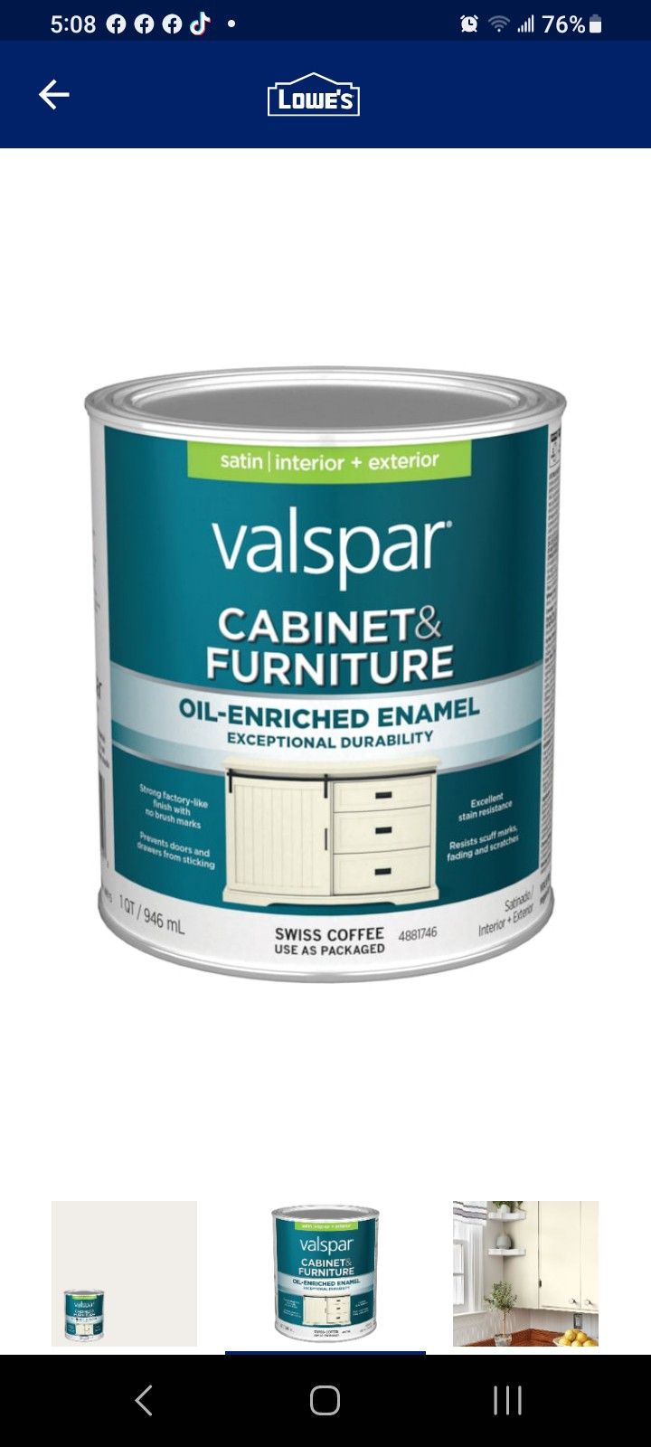 Valspar Cabinet And Furniture Oil Enriched Enamel In Swiss Coffee One QT - $20 ob