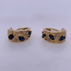 14k Yellow Gold Diamond Earrings Blue Colored Stones