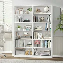 74.3” Double Wide 6-Tier Bookcase, Extra Large Wooden Freestanding Display Bookshelf for Office, White