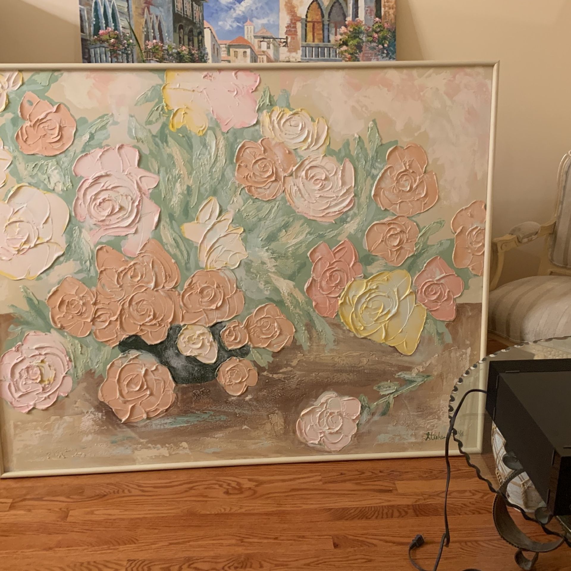 Large Framed Signed Stephen Kaye Abstract Oil Painting Of Roses