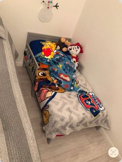 Gray Wood Toddler Bed Frame with mattress