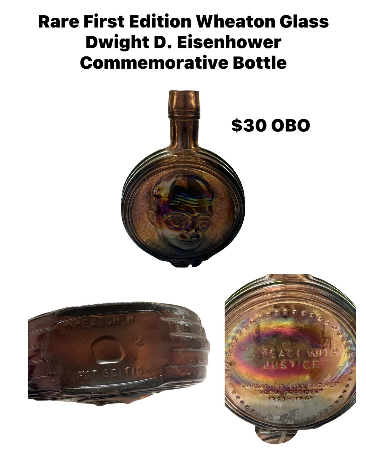 First Edition Wheaton Glass Dwight D. Eisenhower Commemorative Bottle