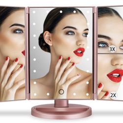 Dresser Mount Tri-Fold LED Vanity Mirror in Rose Gold 