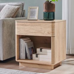 Modern Nightstand with Charger Station, 22" Wide Night Stand with Storage Drawer & Open Shelf, Large Bedside Table for Bedroom, Wood End Table