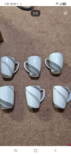 Corelle Vitrelle Square Coffee Cups Drink Glass White Black Lines Sketch set of 6